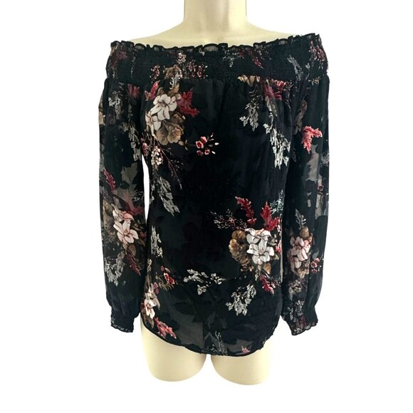 White House Black Market Off-The-Shoulder Floral Burnout Silk Blouse Top Size S - Picture 4 of 12